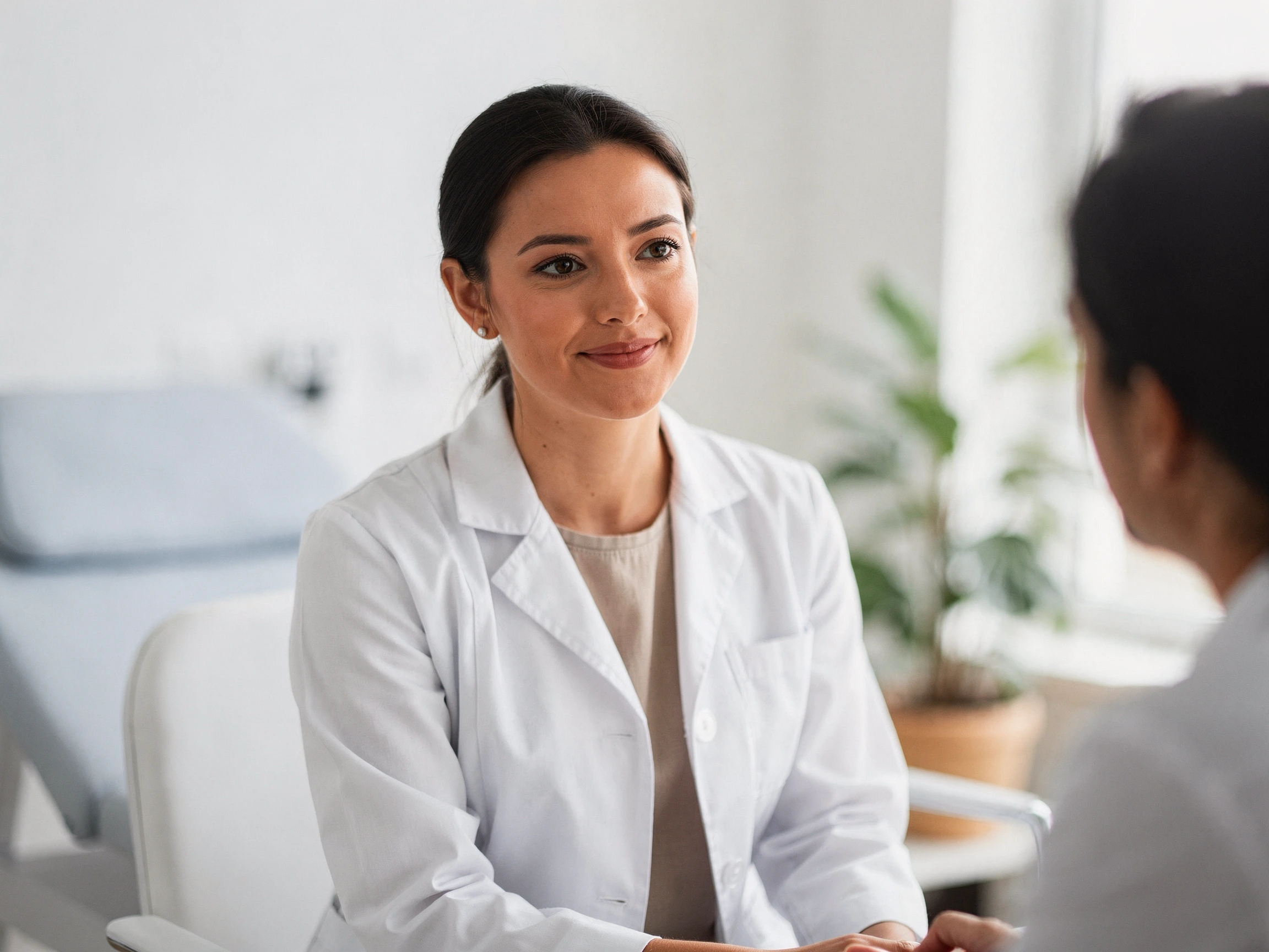 Female clinician in white coat speaking with a patient in a bright office setting